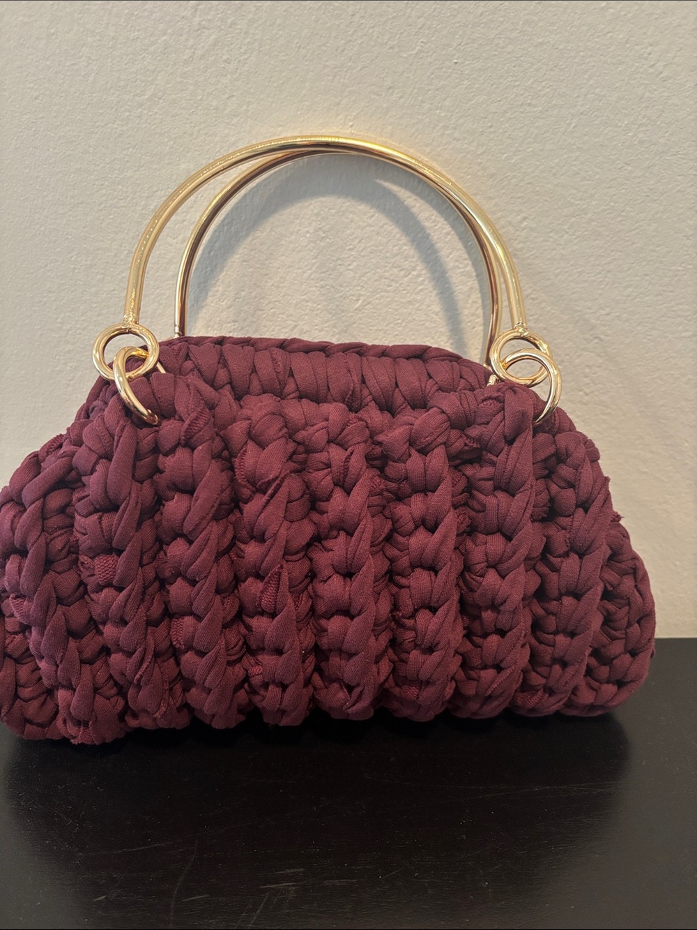Handwoven Knit Top-Handle Bag in Deep Plum with Gold Handles